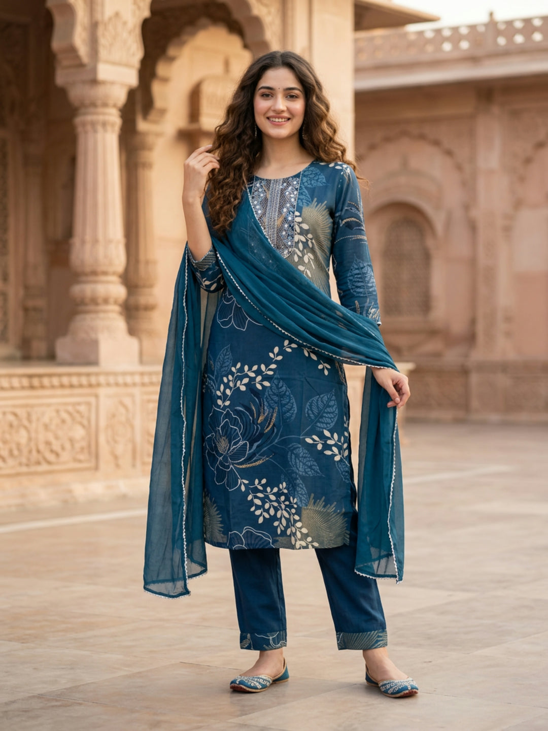 Abstract Floral Print Straight Kurta with Palazzo & Dupatta - Blue