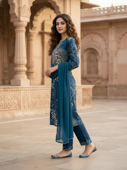 Abstract Floral Print Straight Kurta with Palazzo & Dupatta - Blue