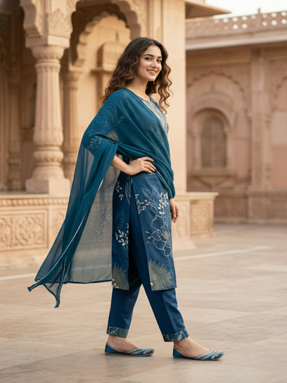 Abstract Floral Print Straight Kurta with Palazzo & Dupatta - Blue