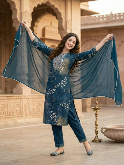 Abstract Floral Print Straight Kurta with Palazzo & Dupatta - Blue