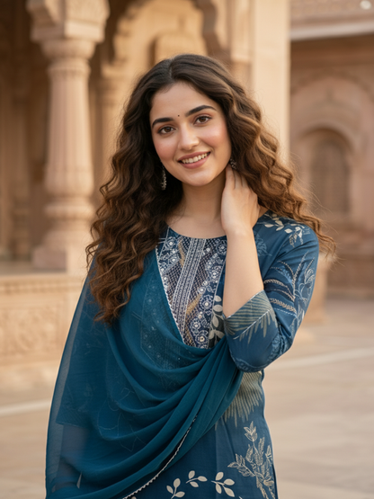 Abstract Floral Print Straight Kurta with Palazzo & Dupatta - Blue