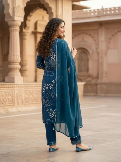 Abstract Floral Print Straight Kurta with Palazzo & Dupatta - Blue
