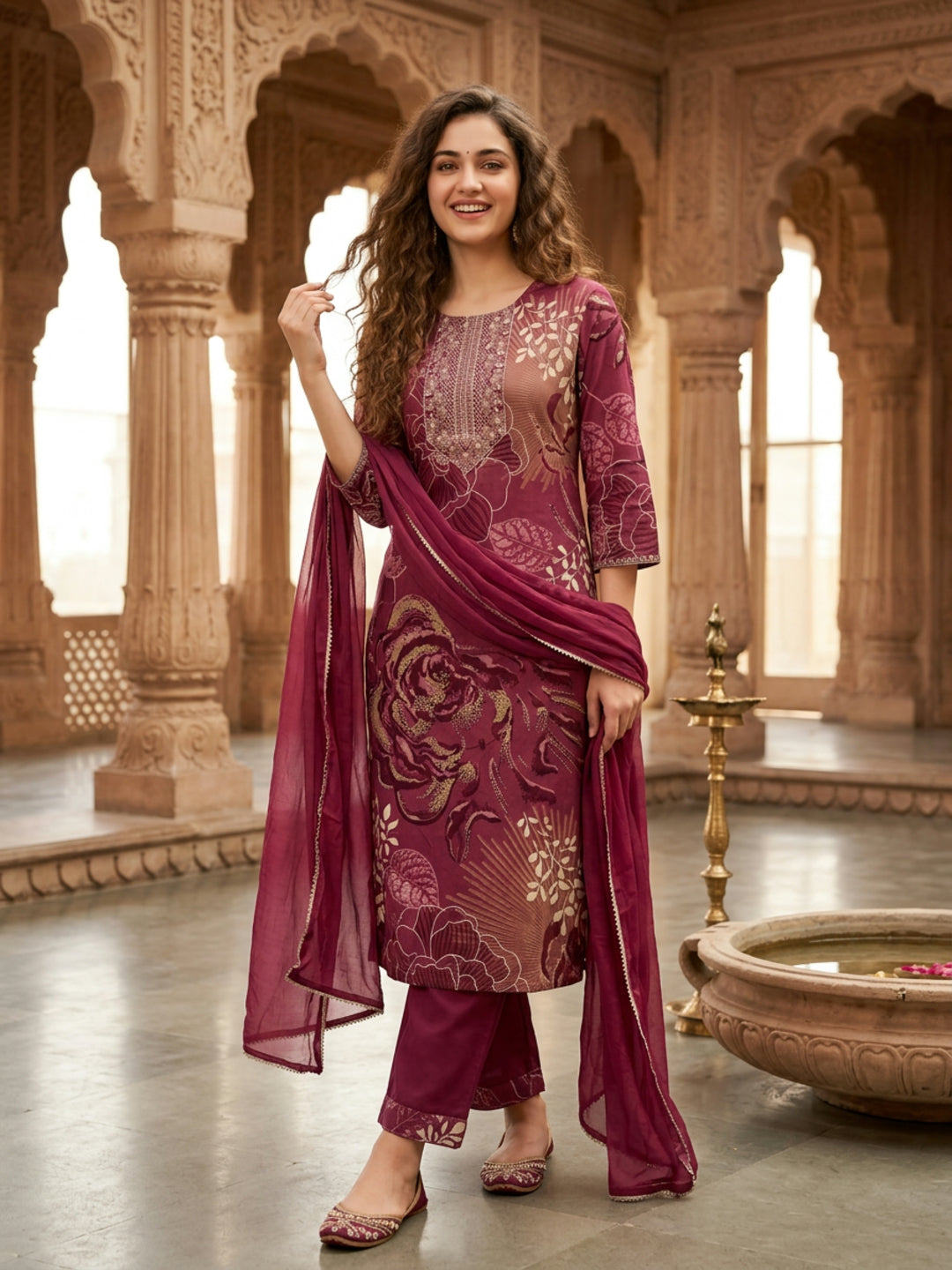 Abstract Floral Print Straight Kurta with Palazzo & Dupatta - Burgundy