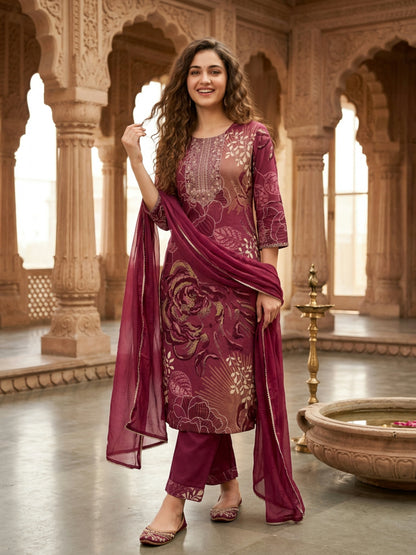 Abstract Floral Print Straight Kurta with Palazzo & Dupatta - Burgundy