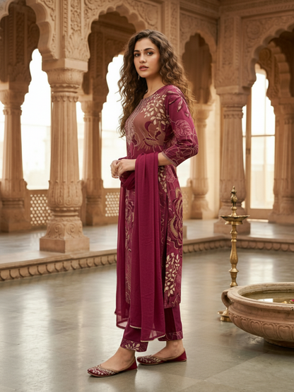 Abstract Floral Print Straight Kurta with Palazzo & Dupatta - Burgundy