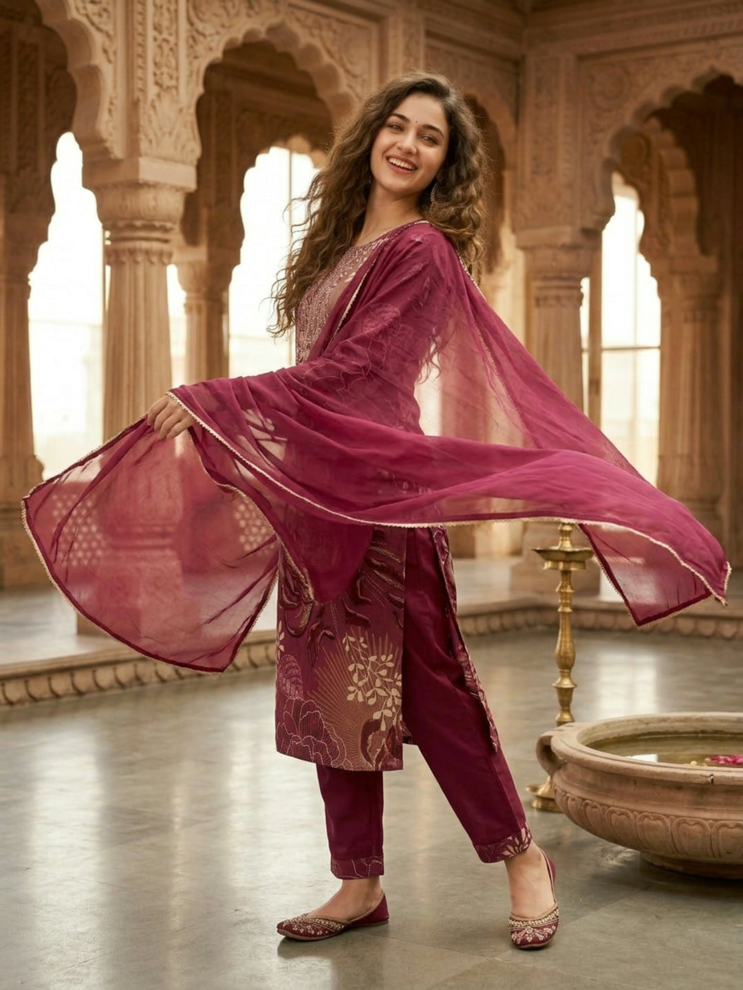 Abstract Floral Print Straight Kurta with Palazzo & Dupatta - Burgundy