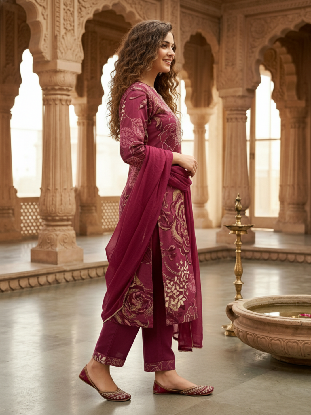 Abstract Floral Print Straight Kurta with Palazzo & Dupatta - Burgundy