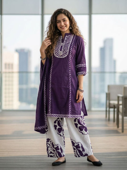 Lehariya Printed Mirror Work Straight Kurta with Palazzo & Dupatta - Purple