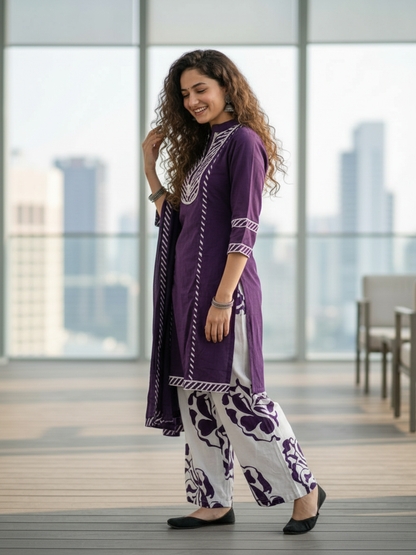 Lehariya Printed Mirror Work Straight Kurta with Palazzo & Dupatta - Purple