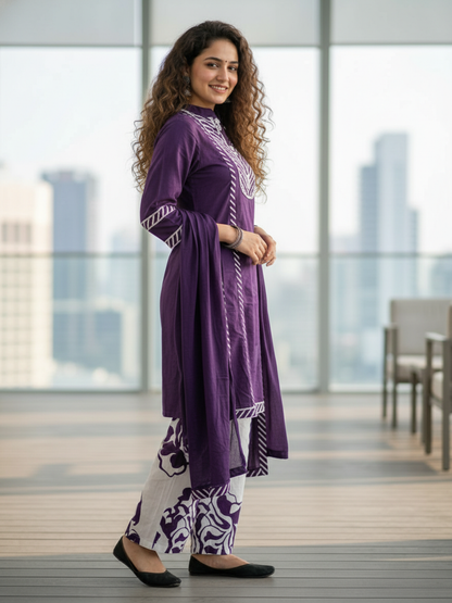 Lehariya Printed Mirror Work Straight Kurta with Palazzo & Dupatta - Purple