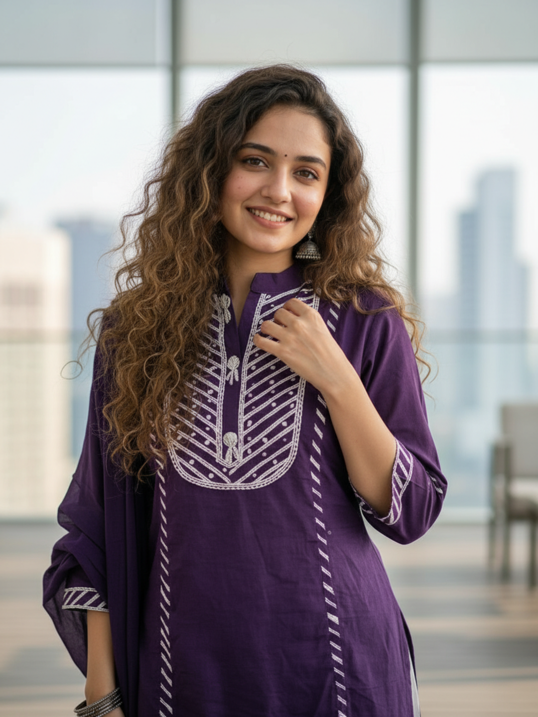 Lehariya Printed Mirror Work Straight Kurta with Palazzo & Dupatta - Purple