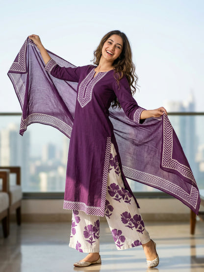 Lehariya Printed Mirror Work Straight Kurta with Palazzo & Dupatta - Purple