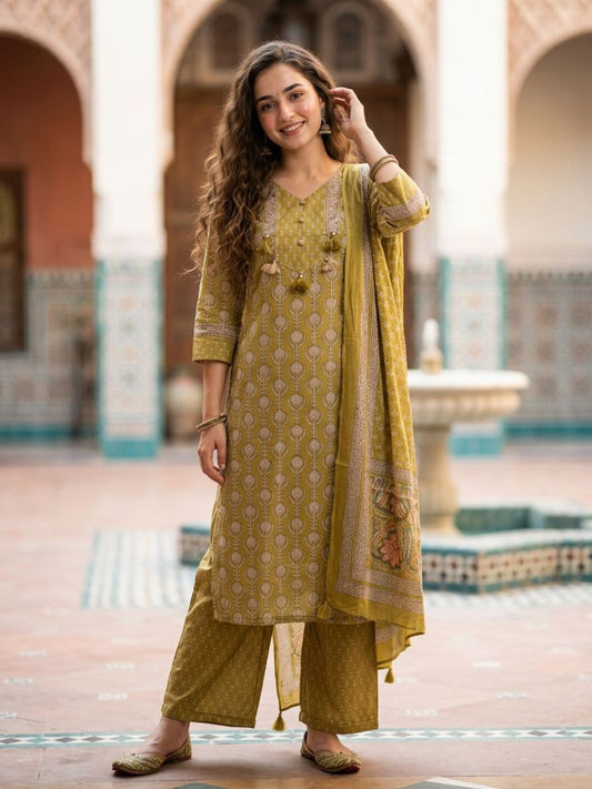 Ethnic Booti Printed Straight Kurta with Palazzo & Dupatta - Mustard