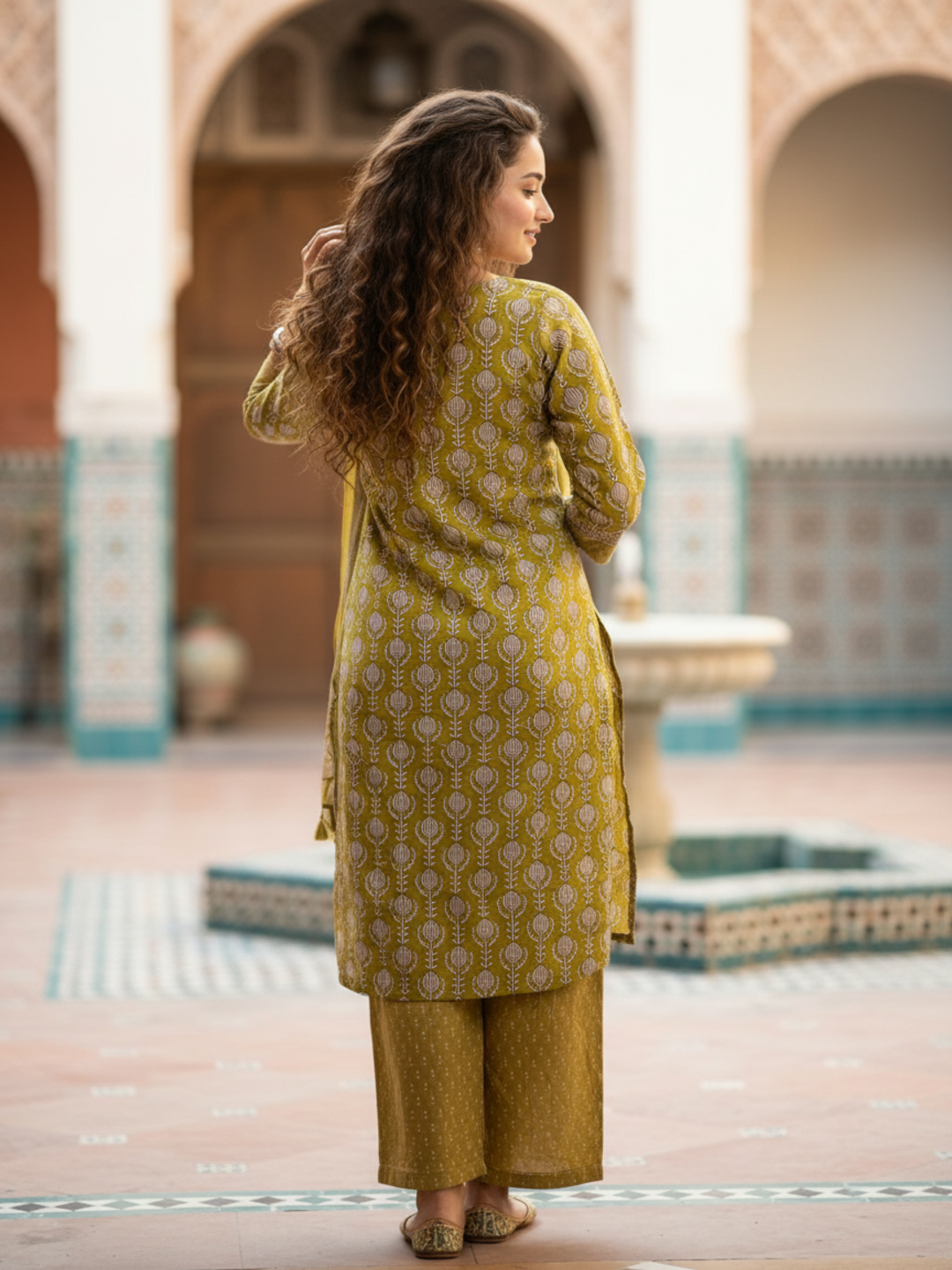 Ethnic Booti Printed Straight Kurta with Palazzo & Dupatta - Mustard