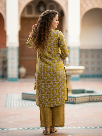 Ethnic Booti Printed Straight Kurta with Palazzo & Dupatta - Mustard