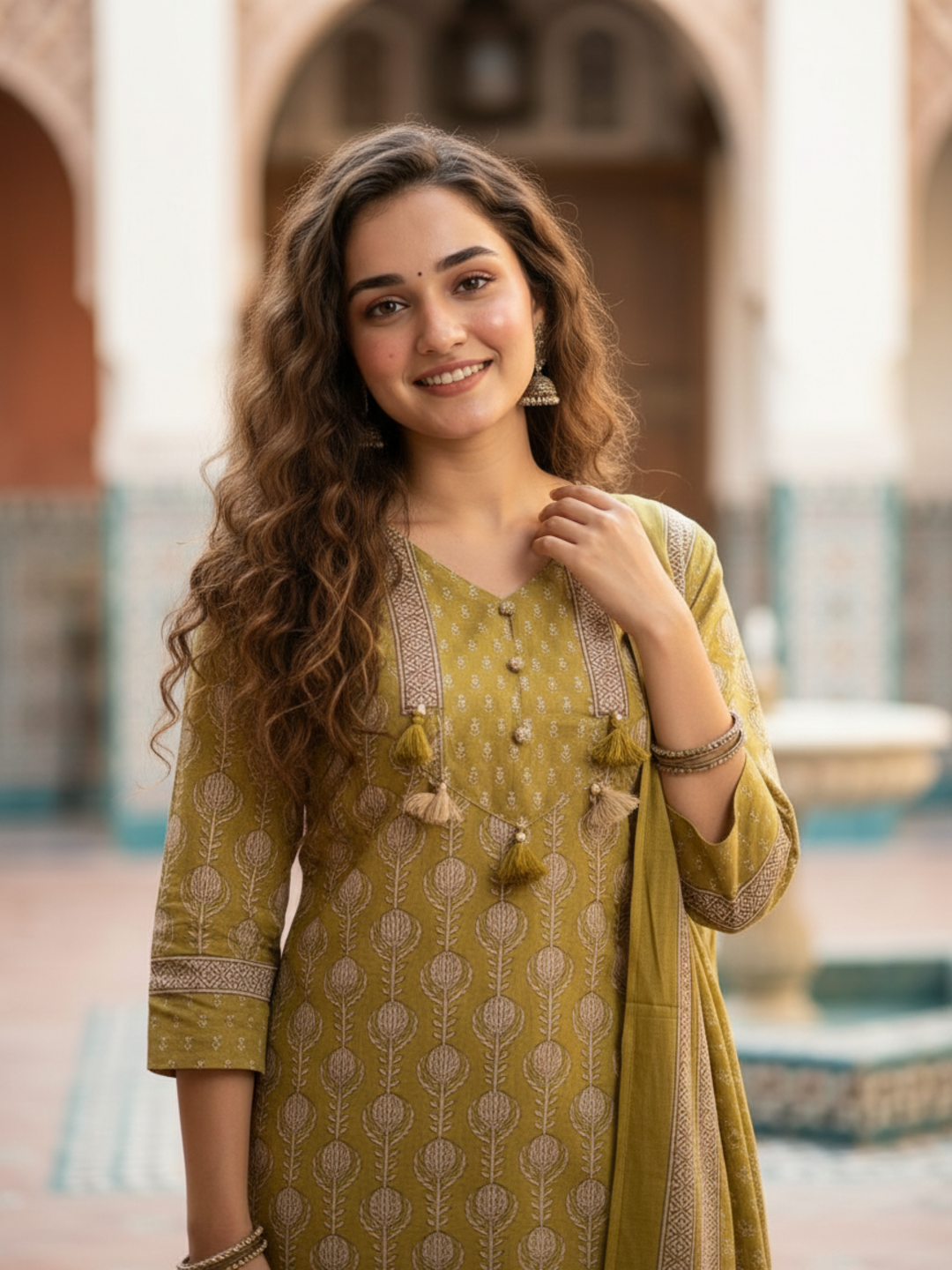 Ethnic Booti Printed Straight Kurta with Palazzo & Dupatta - Mustard