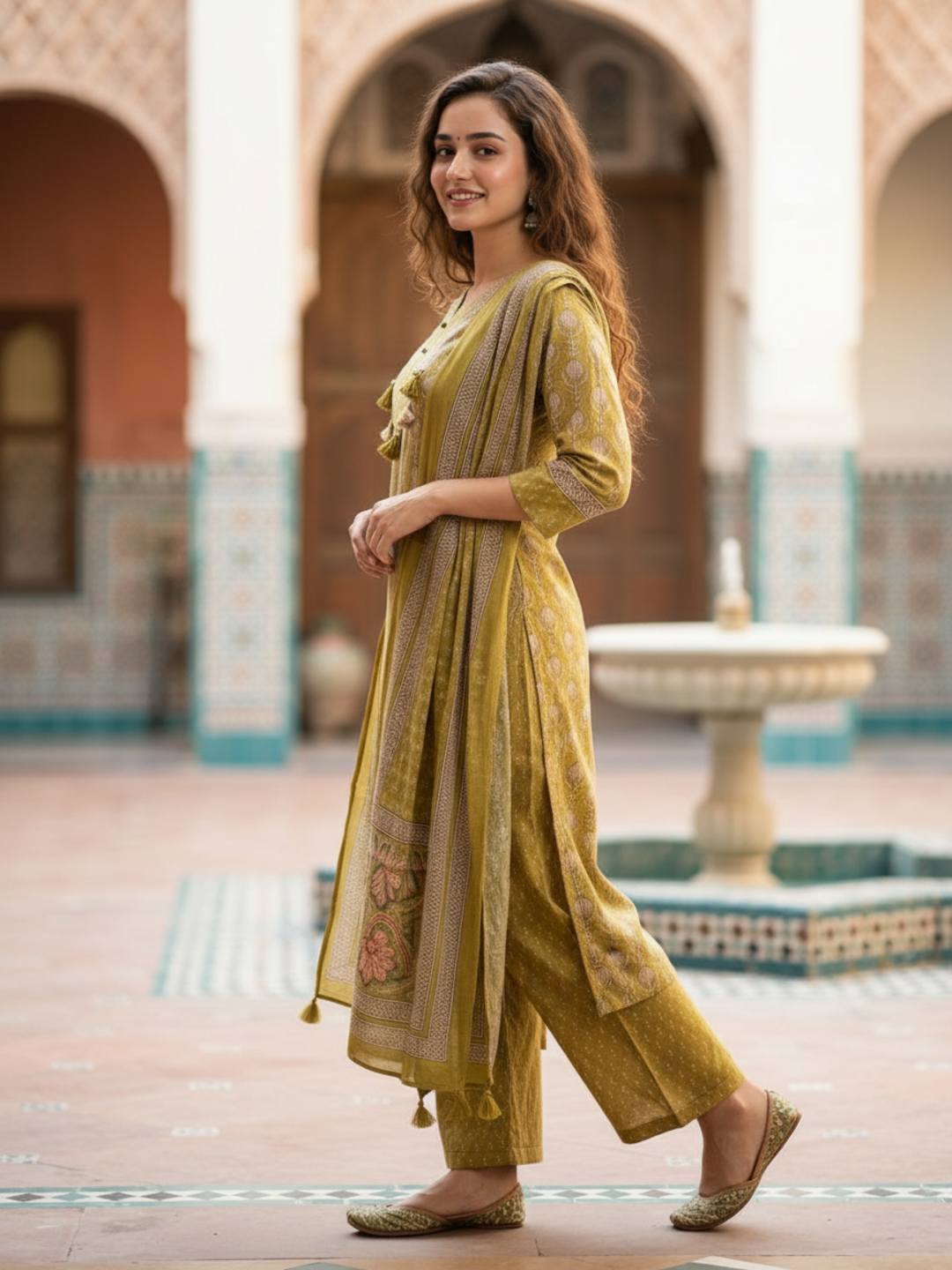 Ethnic Booti Printed Straight Kurta with Palazzo & Dupatta - Mustard