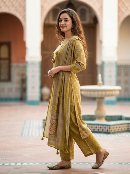 Ethnic Booti Printed Straight Kurta with Palazzo & Dupatta - Mustard