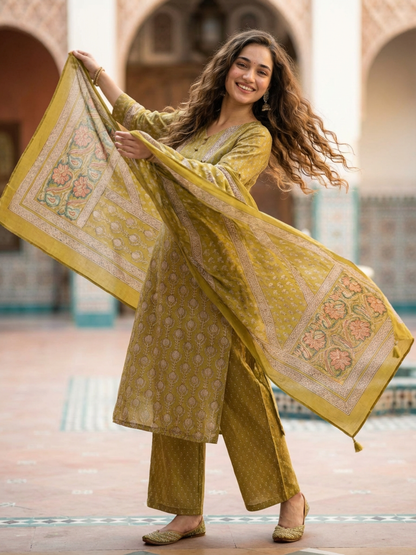 Ethnic Booti Printed Straight Kurta with Palazzo & Dupatta - Mustard