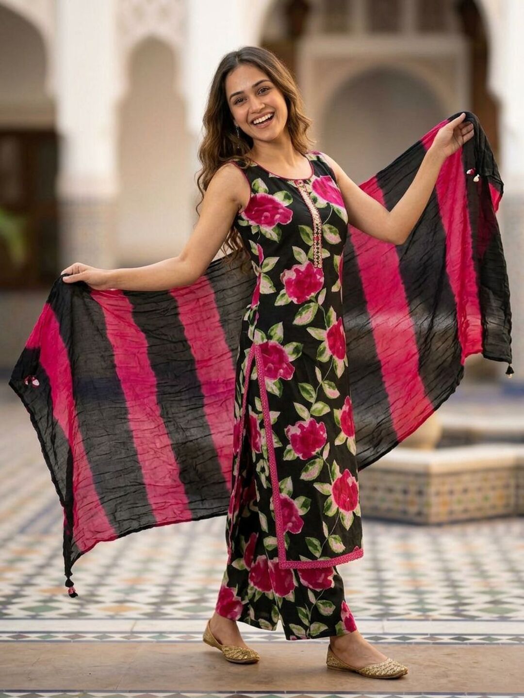 Abstract Floral Printed Sequin Straight Kurta with Palazzo & Dupatta - Black
