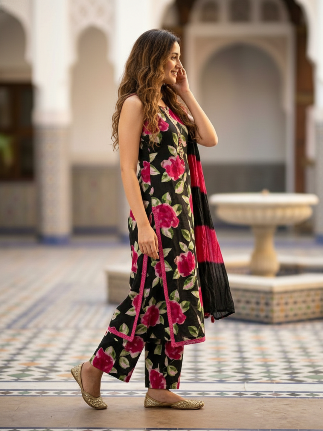 Abstract Floral Printed Sequin Straight Kurta with Palazzo & Dupatta - Black