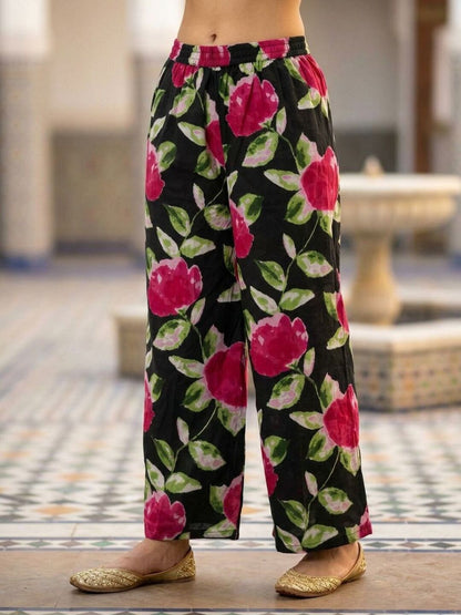 Abstract Floral Printed Sequin Straight Kurta with Palazzo & Dupatta - Black