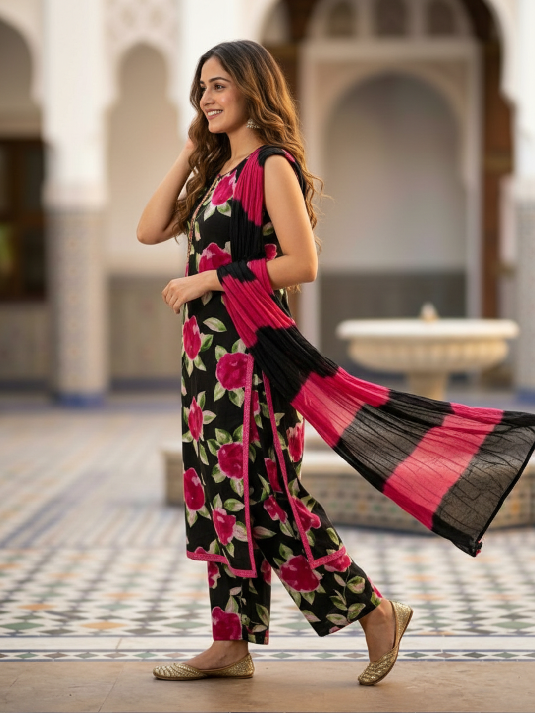 Abstract Floral Printed Sequin Straight Kurta with Palazzo & Dupatta - Black