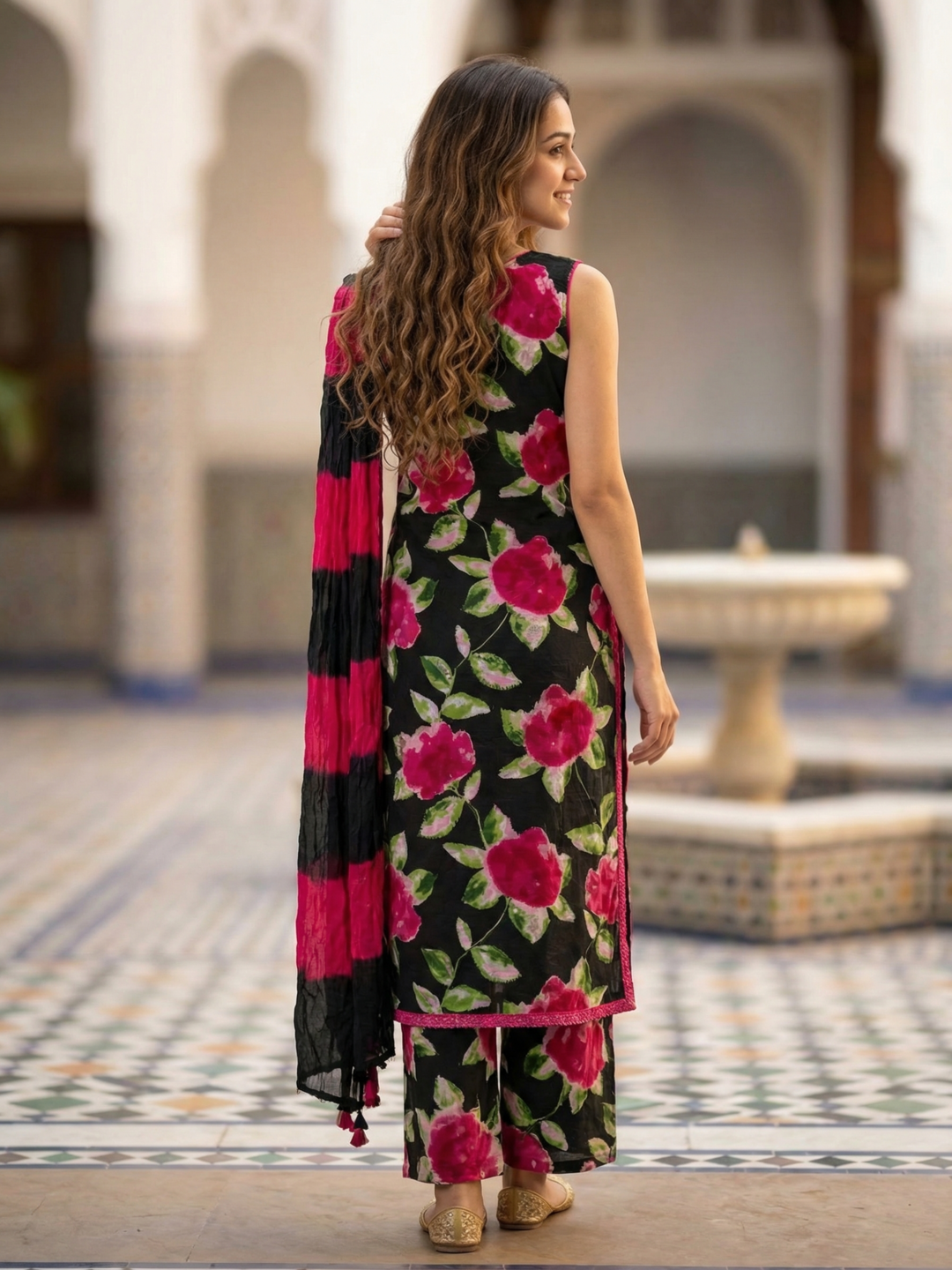 Abstract Floral Printed Sequin Straight Kurta with Palazzo & Dupatta - Black