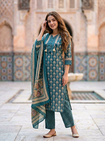 Ethnic Booti Printed Straight Kurta with Palazzo & Dupatta - Turquoise Blue