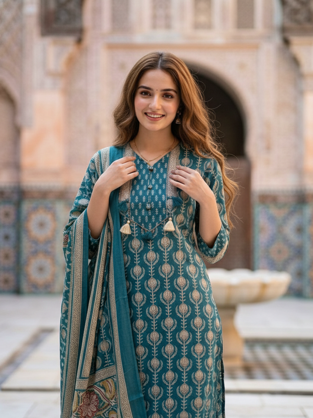 Ethnic Booti Printed Straight Kurta with Palazzo & Dupatta - Turquoise Blue