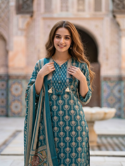 Ethnic Booti Printed Straight Kurta with Palazzo & Dupatta - Turquoise Blue