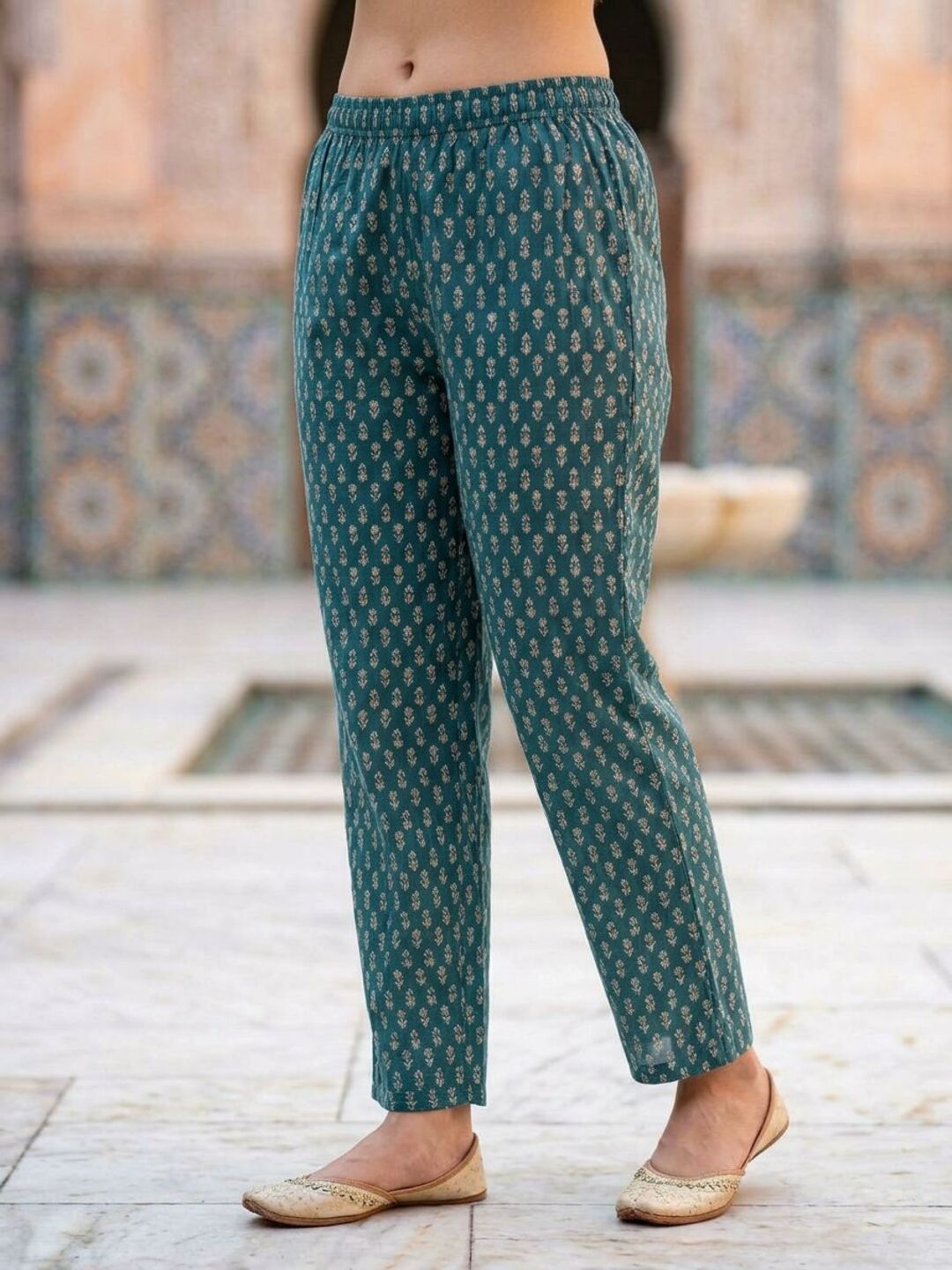 Ethnic Booti Printed Straight Kurta with Palazzo & Dupatta - Turquoise Blue