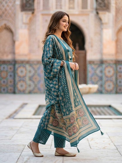 Ethnic Booti Printed Straight Kurta with Palazzo & Dupatta - Turquoise Blue