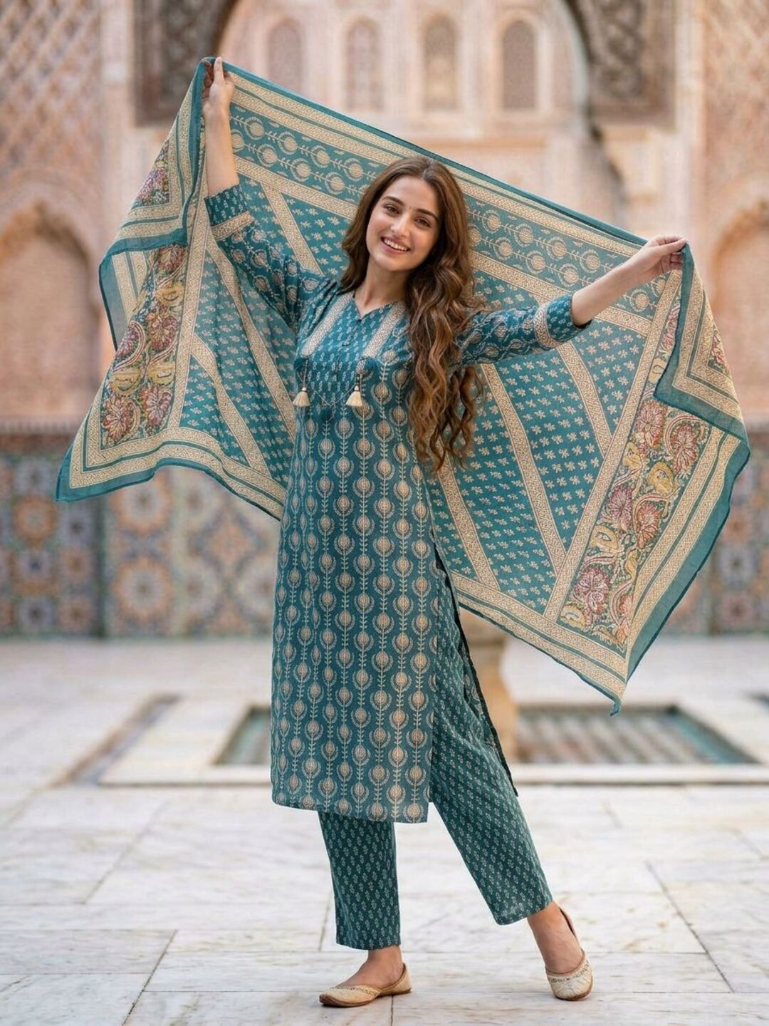 Ethnic Booti Printed Straight Kurta with Palazzo & Dupatta - Turquoise Blue