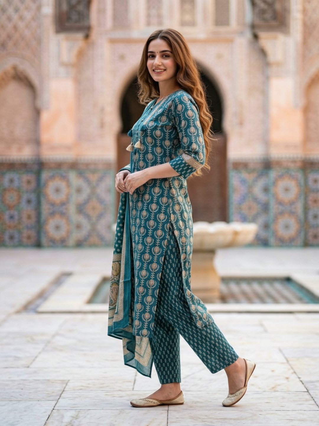 Ethnic Booti Printed Straight Kurta with Palazzo & Dupatta - Turquoise Blue
