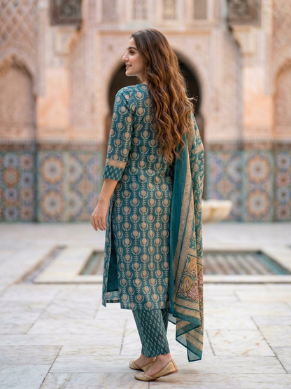 Ethnic Booti Printed Straight Kurta with Palazzo & Dupatta - Turquoise Blue