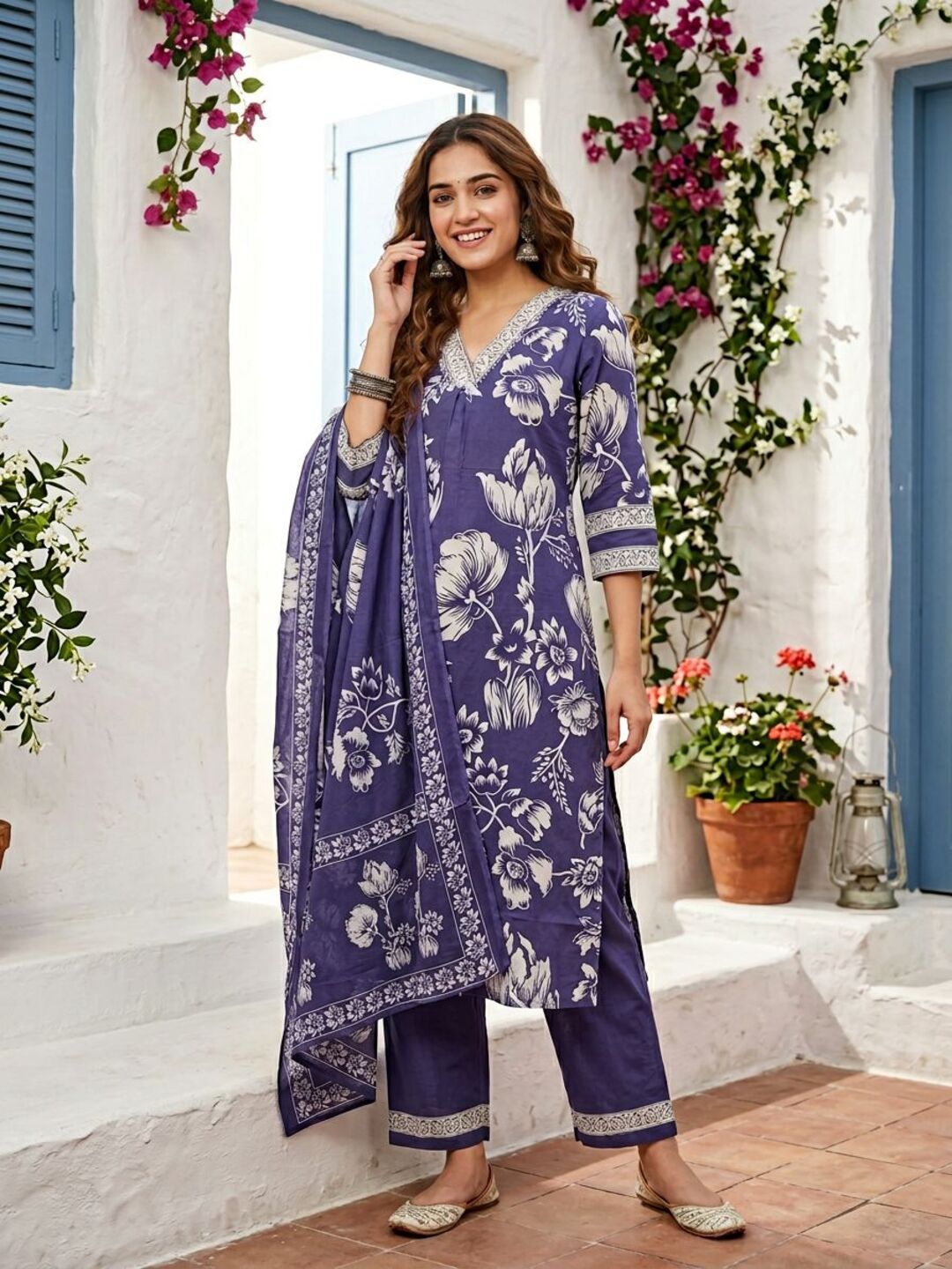 Abstract Floral Jaal Printed Straight Kurta with Palazzo & Dupatta - Purple
