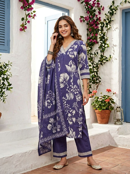 Abstract Floral Jaal Printed Straight Kurta with Palazzo & Dupatta - Purple