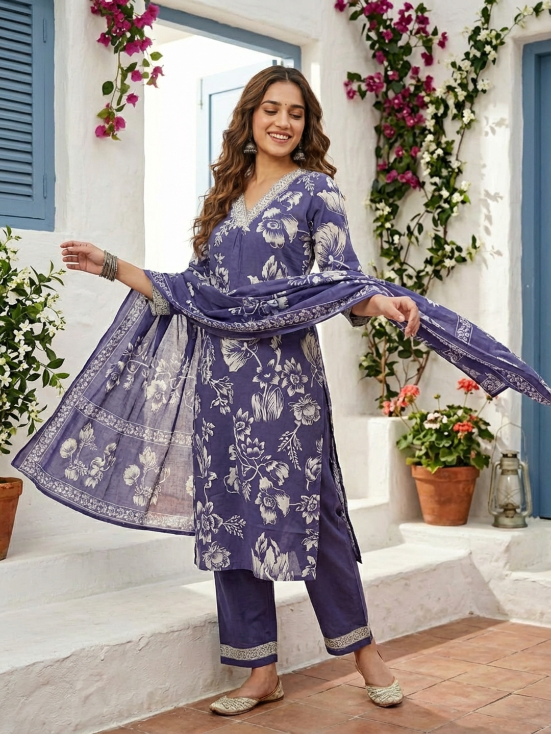 Abstract Floral Jaal Printed Straight Kurta with Palazzo & Dupatta - Purple