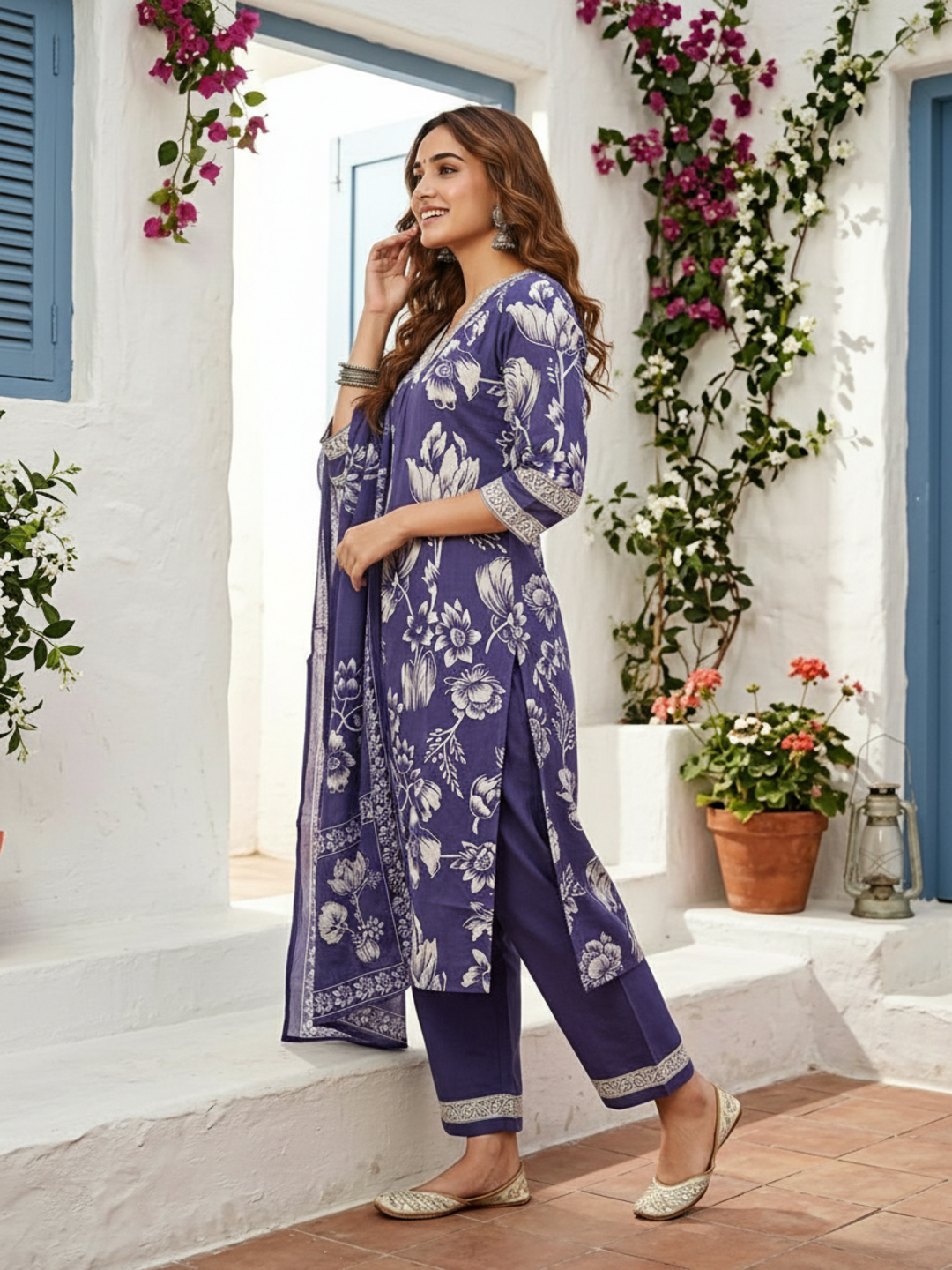 Abstract Floral Jaal Printed Straight Kurta with Palazzo & Dupatta - Purple