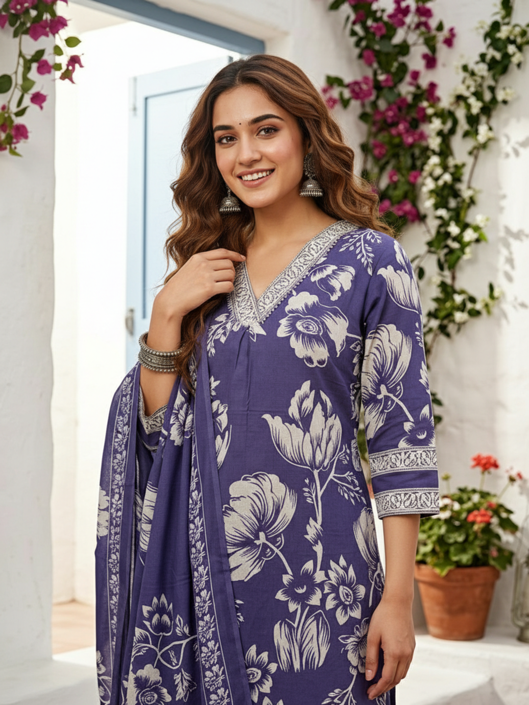 Abstract Floral Jaal Printed Straight Kurta with Palazzo & Dupatta - Purple