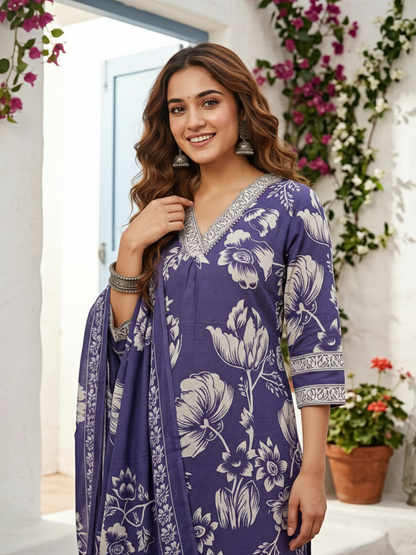 Abstract Floral Jaal Printed Straight Kurta with Palazzo & Dupatta - Purple