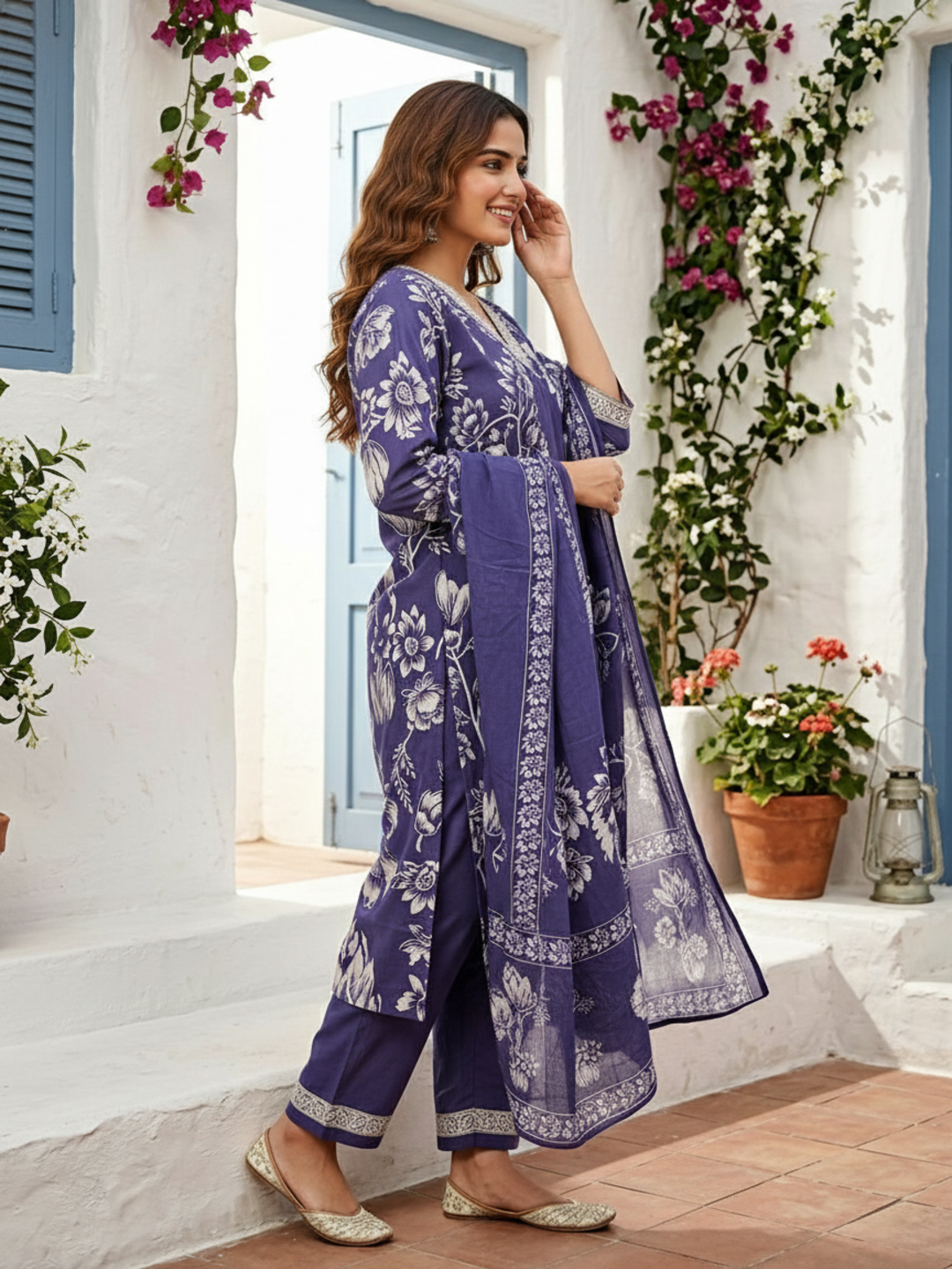 Abstract Floral Jaal Printed Straight Kurta with Palazzo & Dupatta - Purple