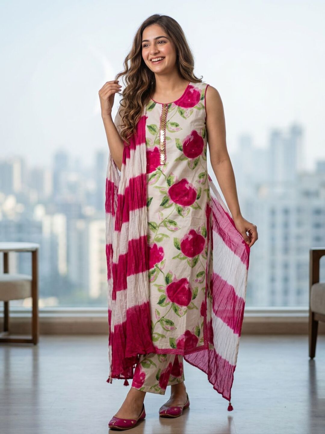 Abstract Floral Printed Sequin Straight Kurta with Palazzo & Dupatta - Cream
