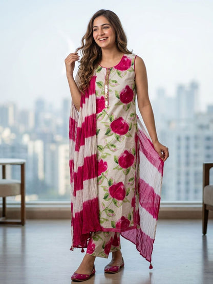 Abstract Floral Printed Sequin Straight Kurta with Palazzo & Dupatta - Cream