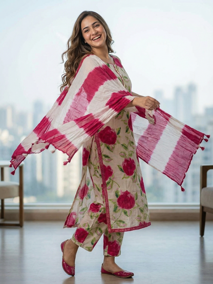 Abstract Floral Printed Sequin Straight Kurta with Palazzo & Dupatta - Cream