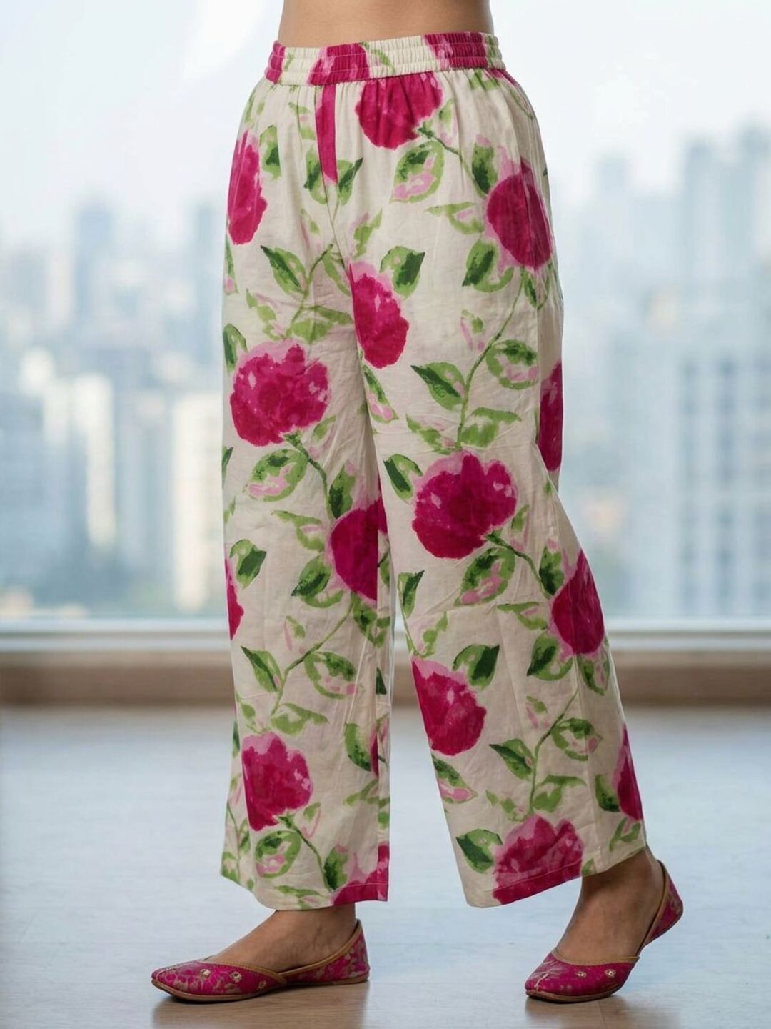 Abstract Floral Printed Sequin Straight Kurta with Palazzo & Dupatta - Cream