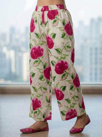 Abstract Floral Printed Sequin Straight Kurta with Palazzo & Dupatta - Cream