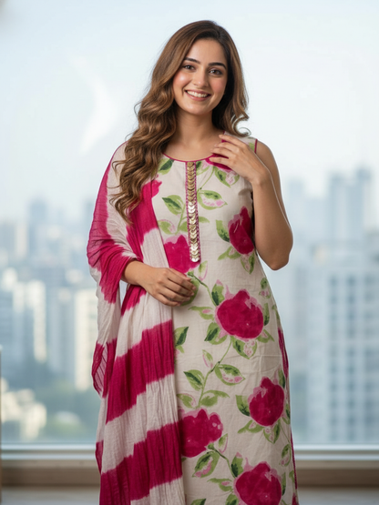 Abstract Floral Printed Sequin Straight Kurta with Palazzo & Dupatta - Cream