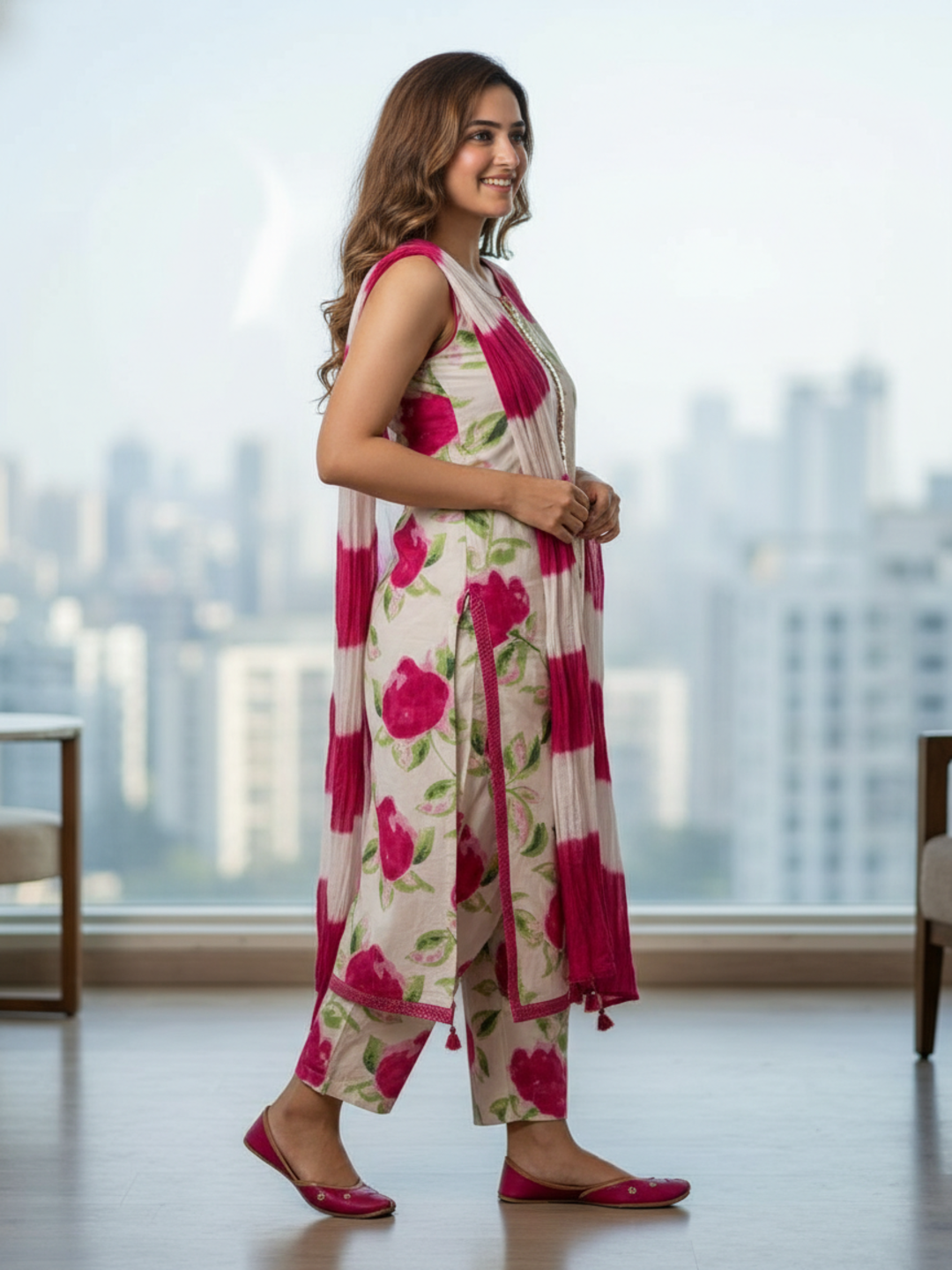 Abstract Floral Printed Sequin Straight Kurta with Palazzo & Dupatta - Cream